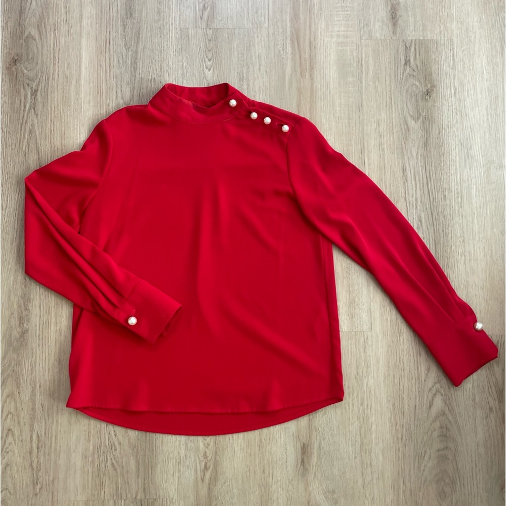 Red Zara blouse with pearl buttons